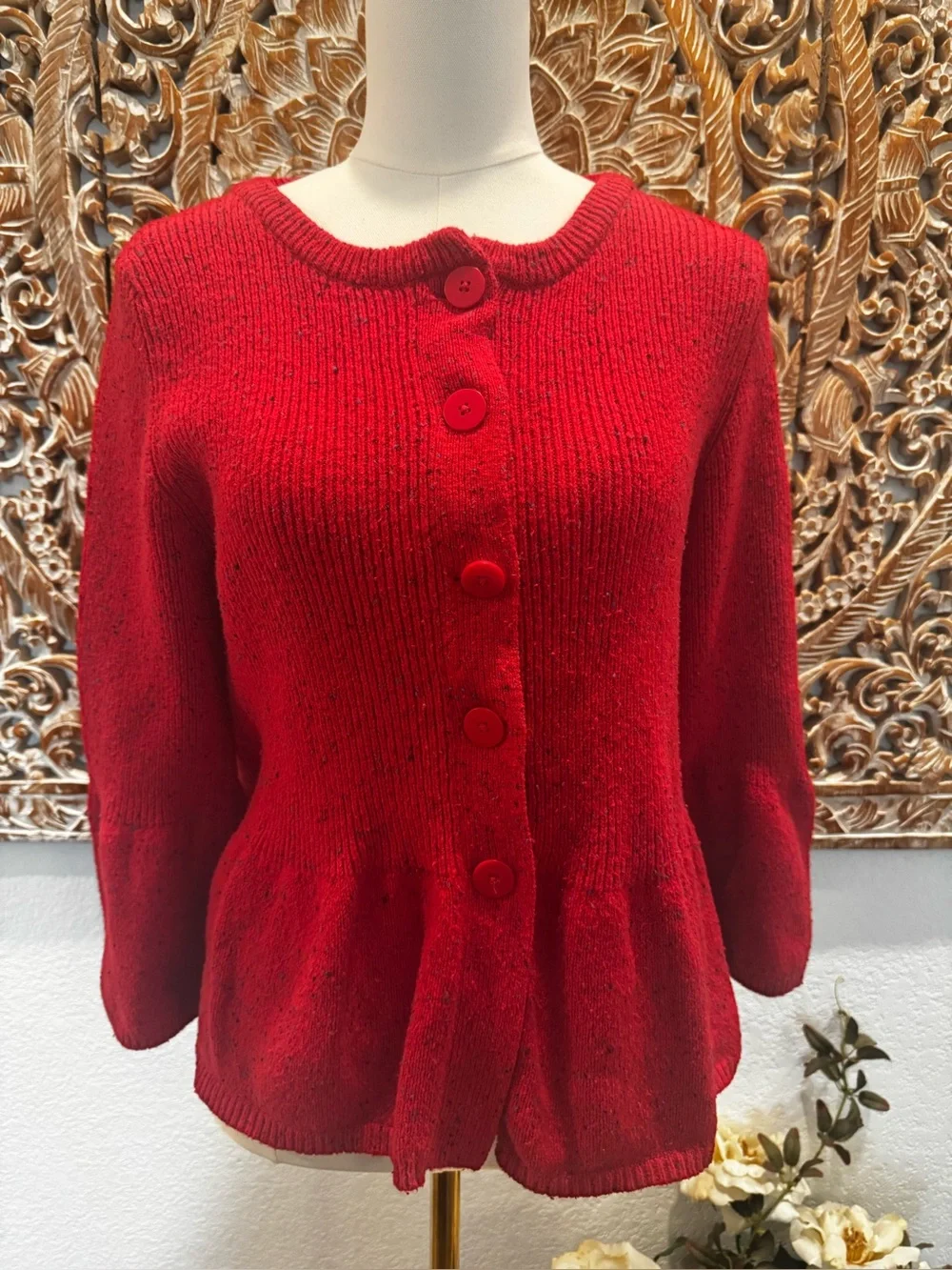 Coldwater Creek Red Peplum Button-Front Cardigan, Preppy Classic Academia- sz M - Picture 2 of 15